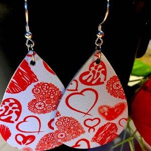 White Leather Earrings With Red Hearts NWOT